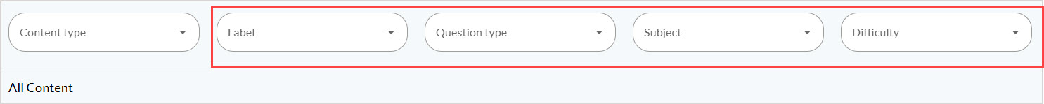 The dropdown filters in the Content Manager are, from left to right, Content type, Label, Question type, Subject, and Difficulty.